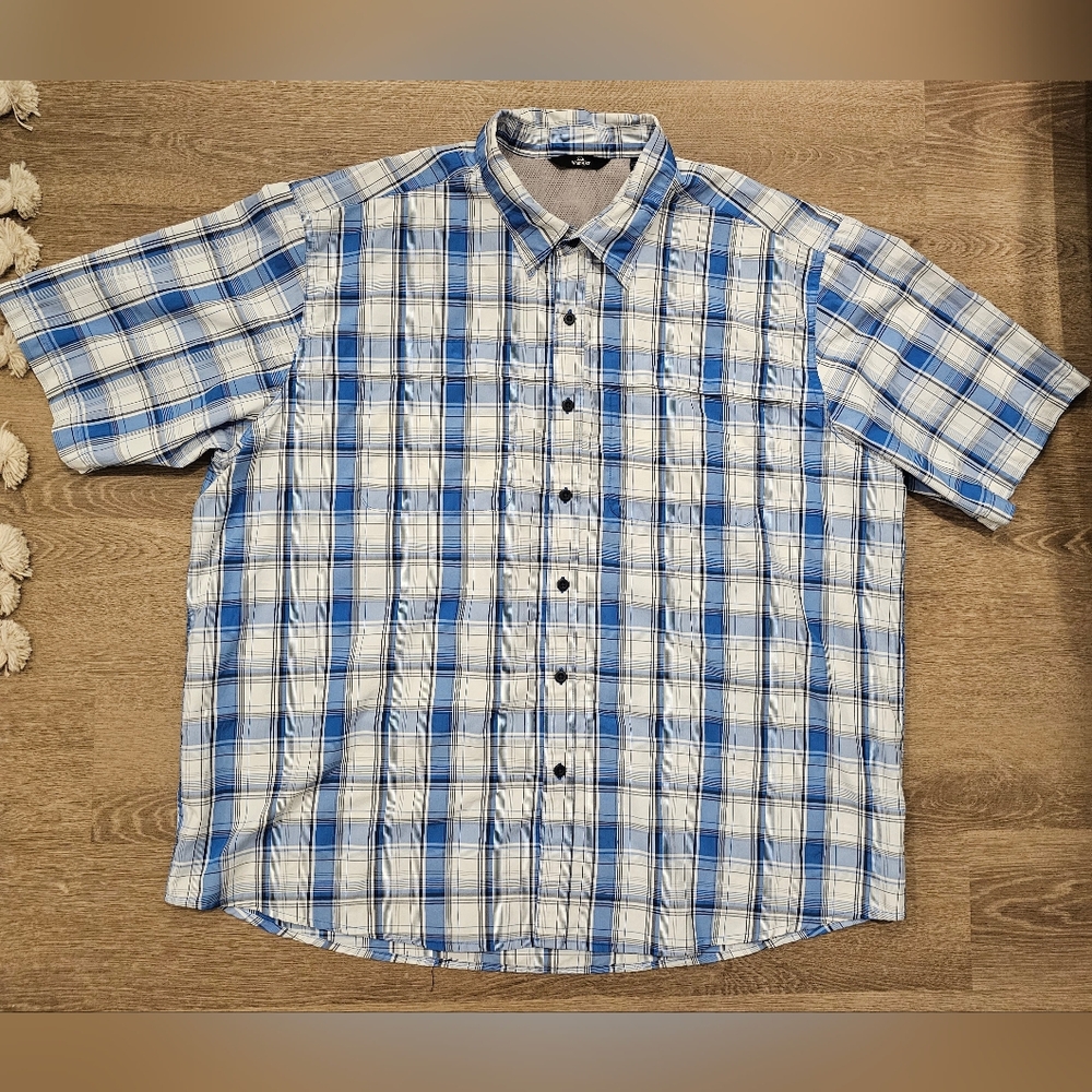 Wrangler White Blue Plaid Short Sleeve Polyester Nylon Button-Up Shirt Men's 2XL